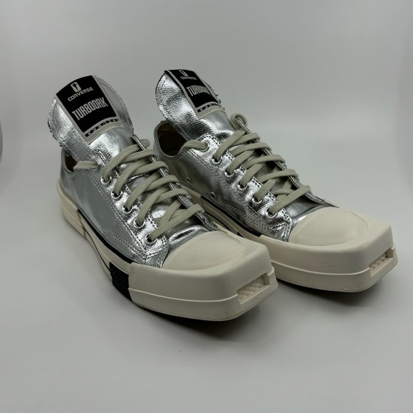 Rick Owens Metallic Silver and Cream Sneakers - Picture 1 of 12